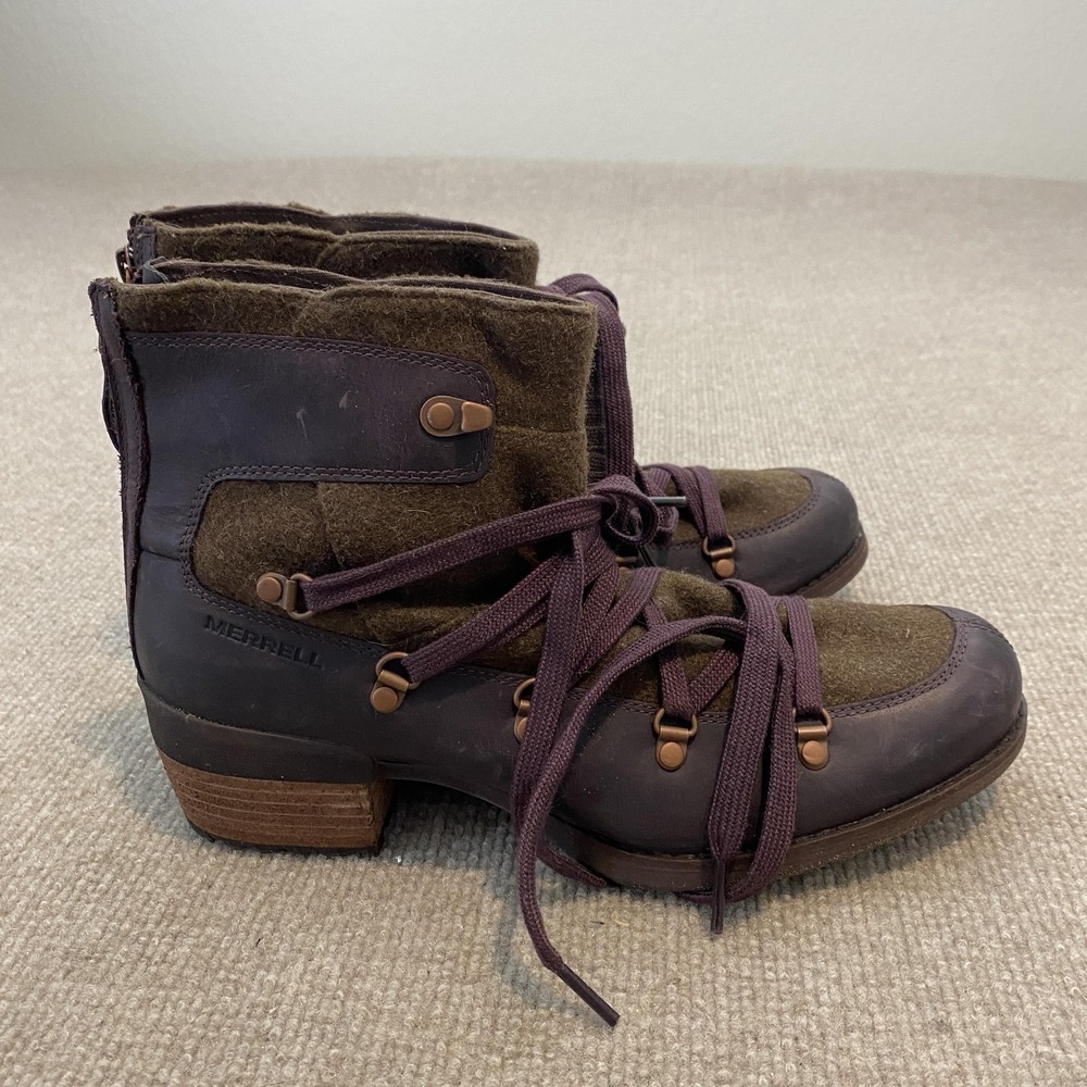 Merrell Booties Womens 10 Brown Purple Leather Felt Ankle Block Heel J004826